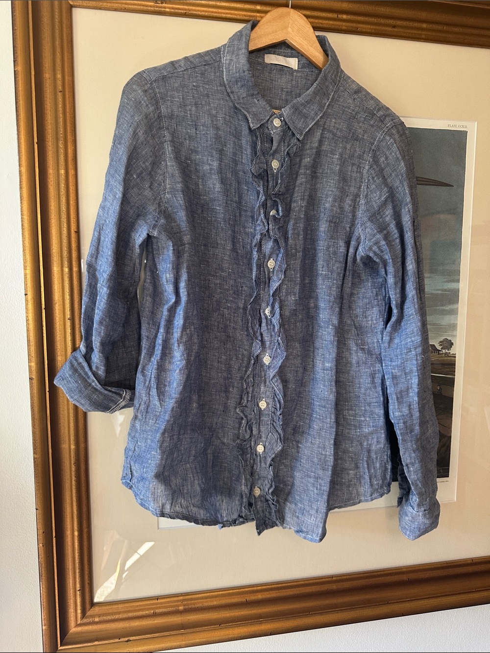 Womens Blue Ruffle Front Linen Button-Up Shirt
